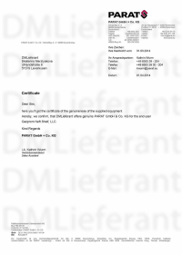 DMLieferant предоставляет исключительно оригинальное оборудование компании Parat, что подтверждено соответствующим сертификатом: